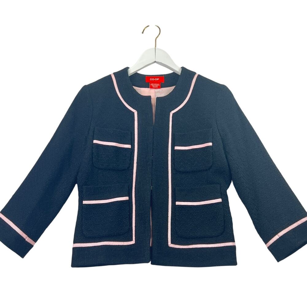 CO-OP Black Tweed Cropped Jacket Blazer Pink‎ Trim Classic Old Money Timeless M